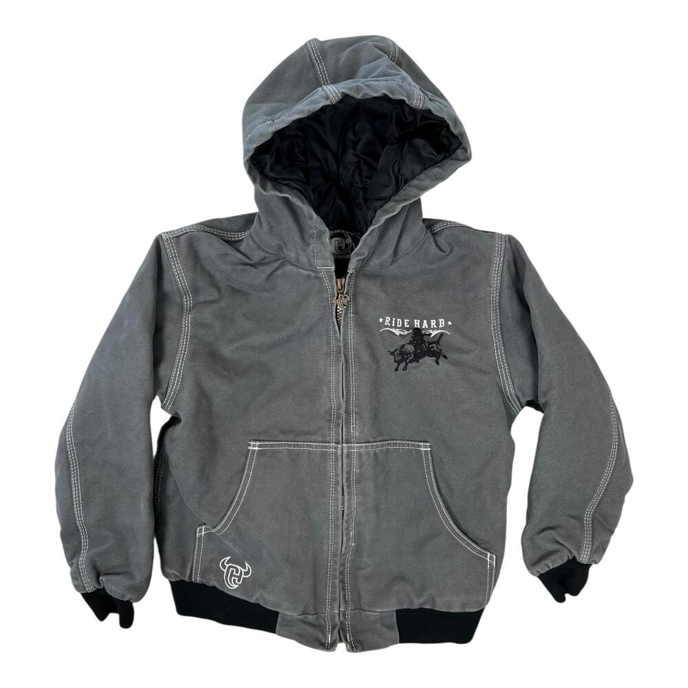 Cowboy Hardware Jacket Boys Medium Gray Ride Hard Western Hooded Canvas Bomber